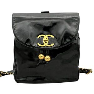 Authentic CHANEL CC Vintage Backpack Bag Patent Leather Black Turnlock Chain